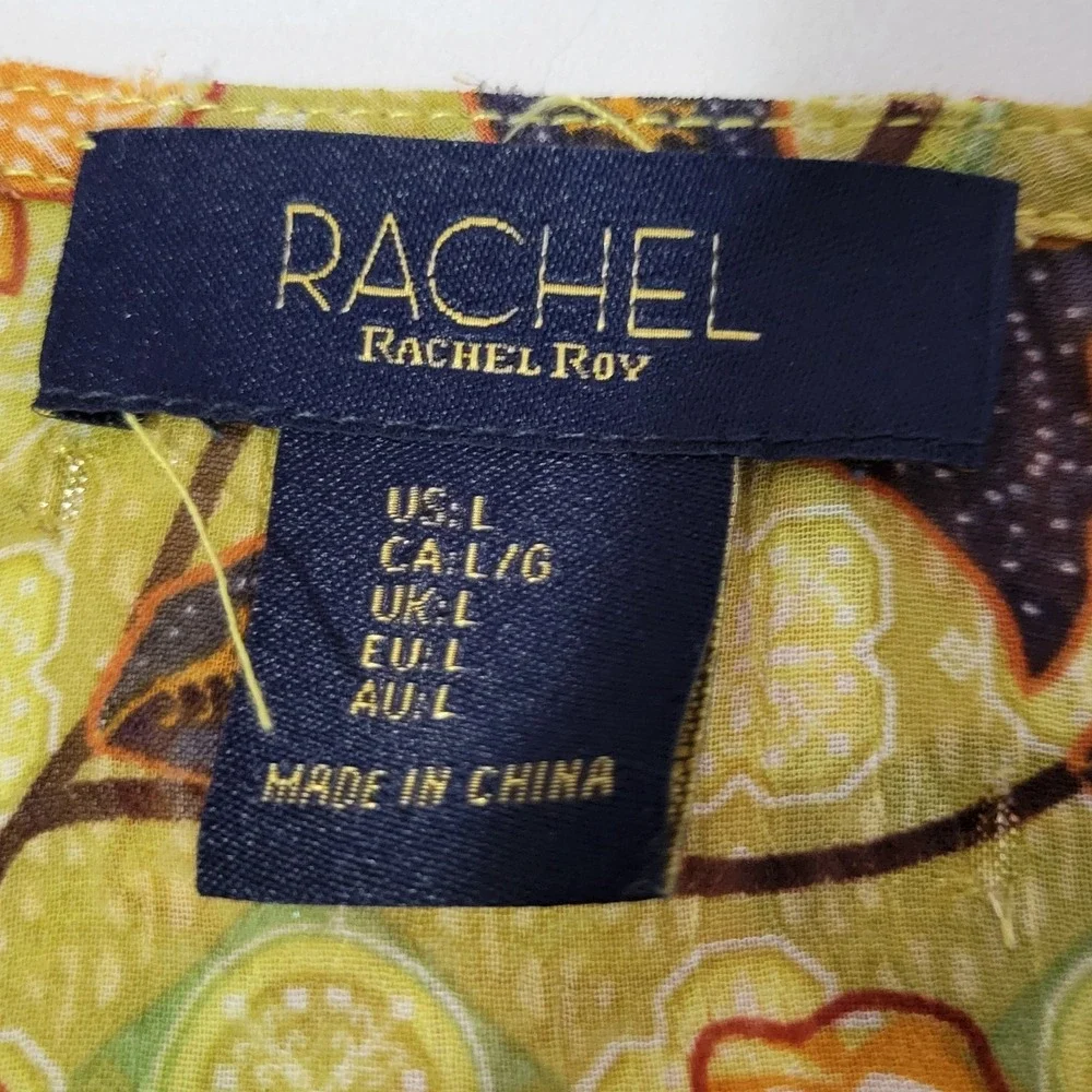 Rachel Roy Faux Wrap Top Womens Large Green Floral Lotus Smocked Waist Cottage